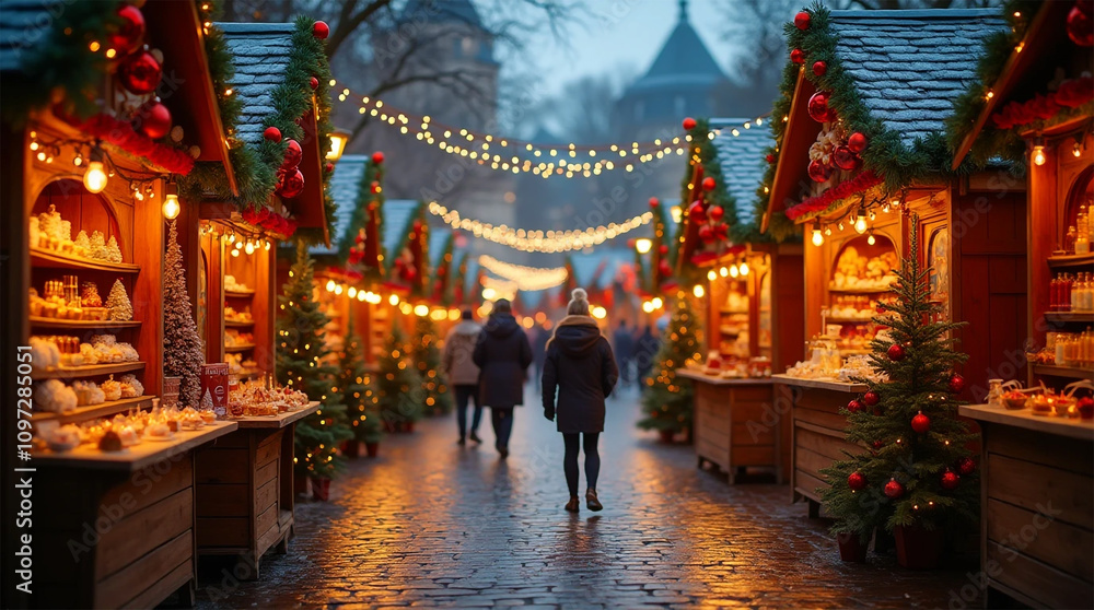 Christmas market in the city at night festive day ambiance cozy soft blurred scene. Created with generative AI technology. Christmas market in the city at night festive day ambiance cozy soft blurred scene. Created with generative AI technology.