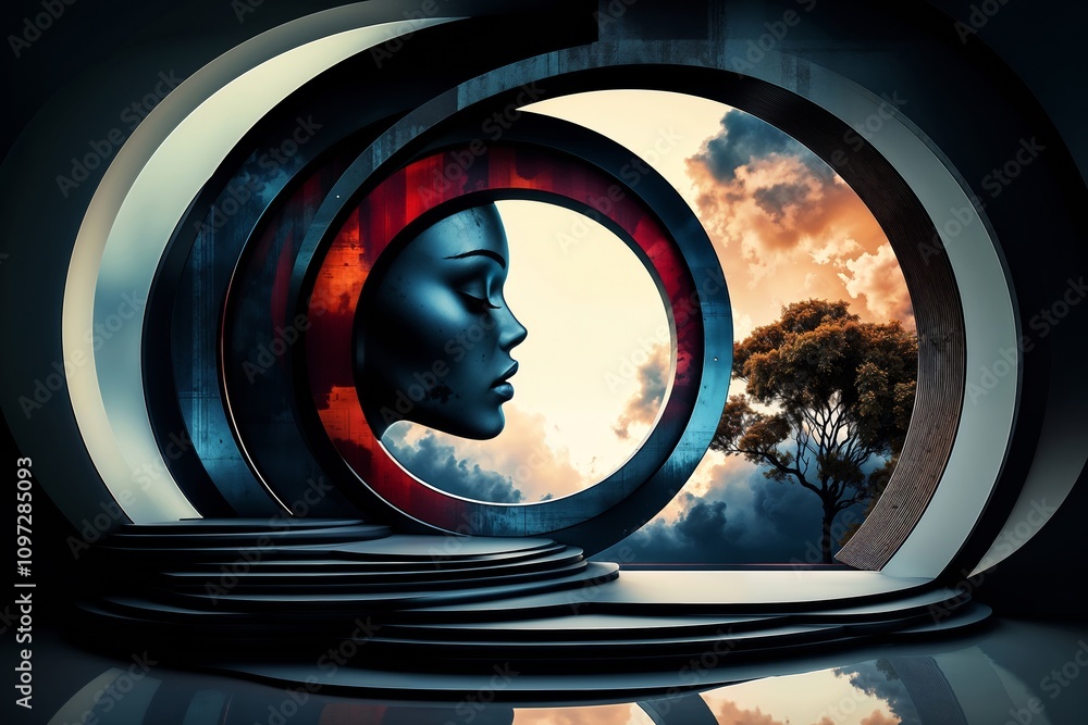 Futuristic Architectural Design Featuring a Woman's Profile Silhouette in Cosmic Setting Futuristic Architectural Design Featuring a Woman's Profile Silhouette in Cosmic Setting