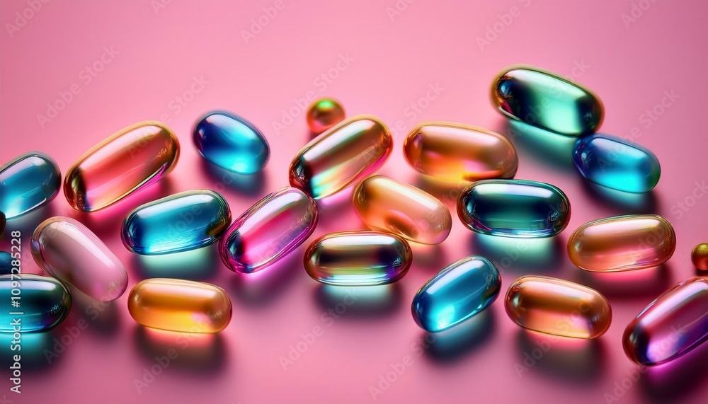 Close-up of colorful capsules on a pink background. Close-up of colorful capsules on a pink background.