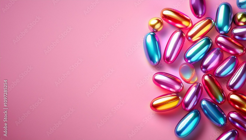 Iridescent pastel capsules scattered on a pink background. Bright, fun, and colorful. Iridescent pastel capsules scattered on a pink background. Bright, fun, and colorful.