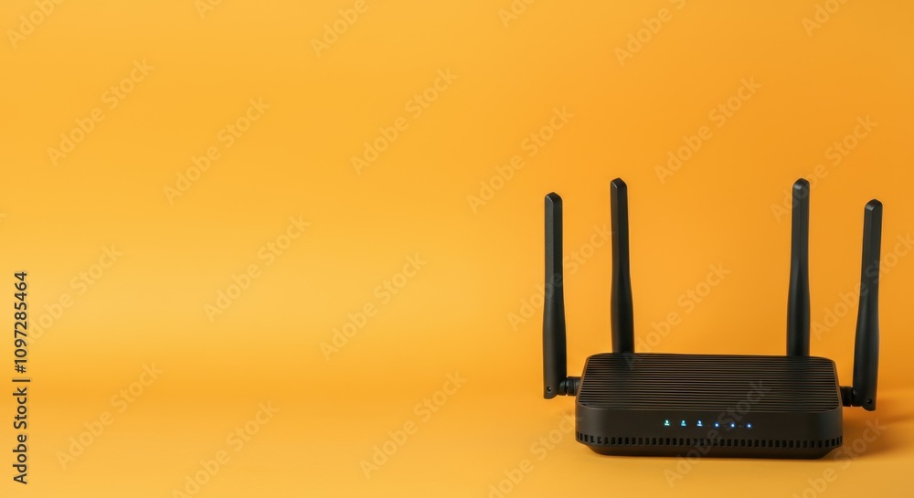 Fototapeta premium Black wireless router with four antennas against orange background