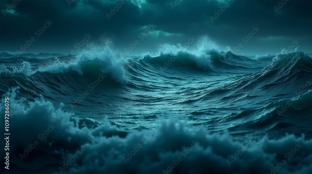 horror black blue sky, sea haunted cloud, scary ocean, depression background, mystery gloomy dark theme, blur texture, ai