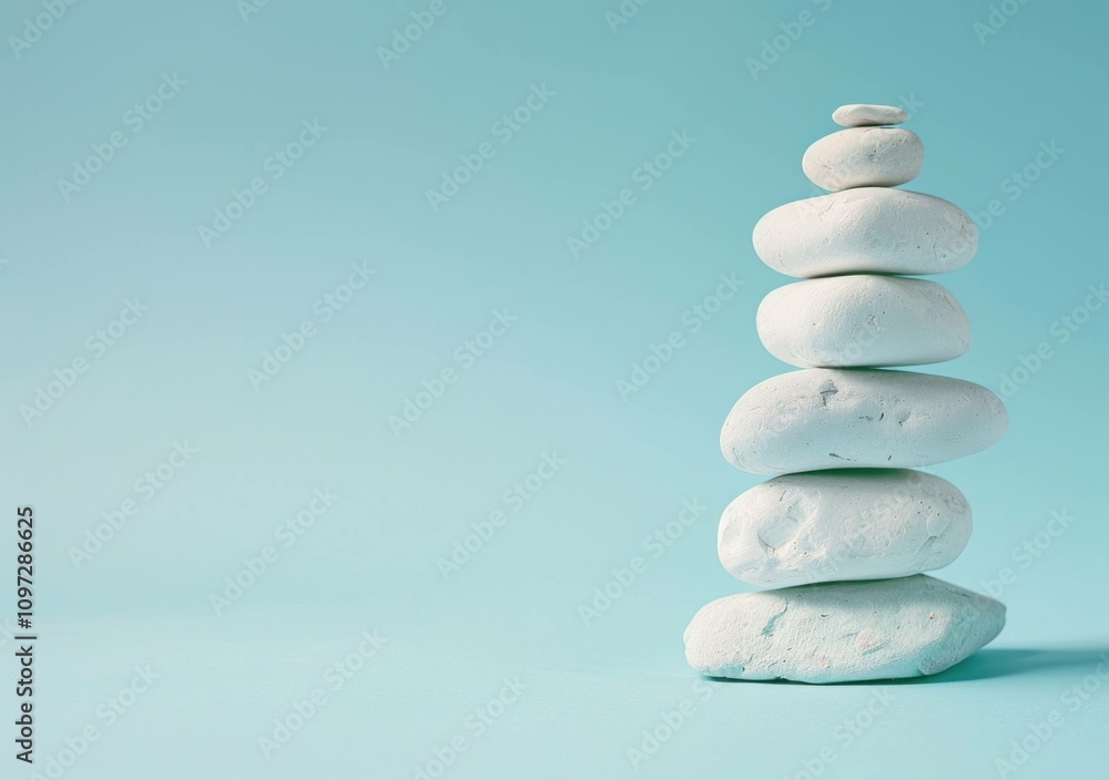 Stack of smooth, light-colored stones arranged on a blue background, symbolizing balance and tranquility in a minimalistic design. Stack of smooth, light-colored stones arranged on a blue background, symbolizing balance and tranquility in a minimalistic design.