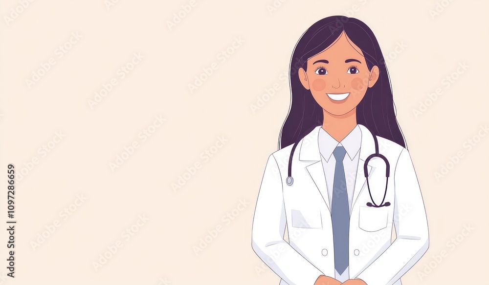 Smiling female doctor in white coat with stethoscope. Smiling female doctor in white coat with stethoscope.