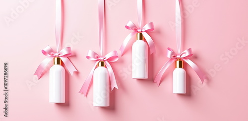 White bottles with pink bows on pastel background