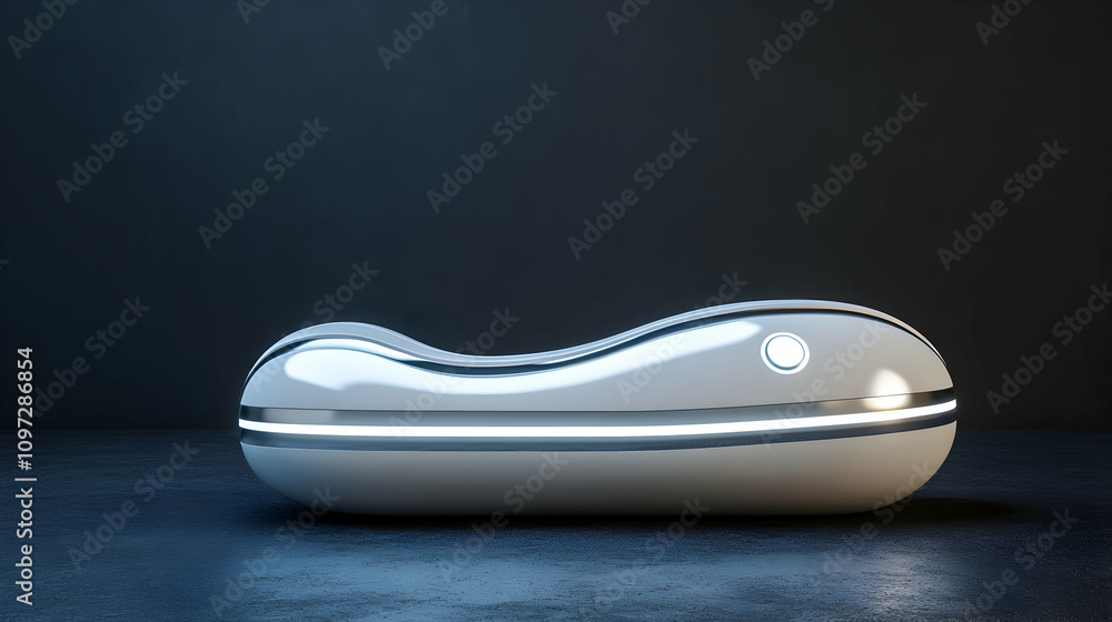 Futuristic white pod chair with glowing accents on dark background. Futuristic white pod chair with glowing accents on dark background.