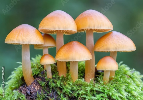 A cluster of small, orange mushrooms growing on mossy wood.