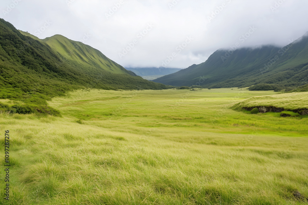 Fototapeta premium A vast, lush green valley surrounded by rolling, forested hills under a cloudy sky