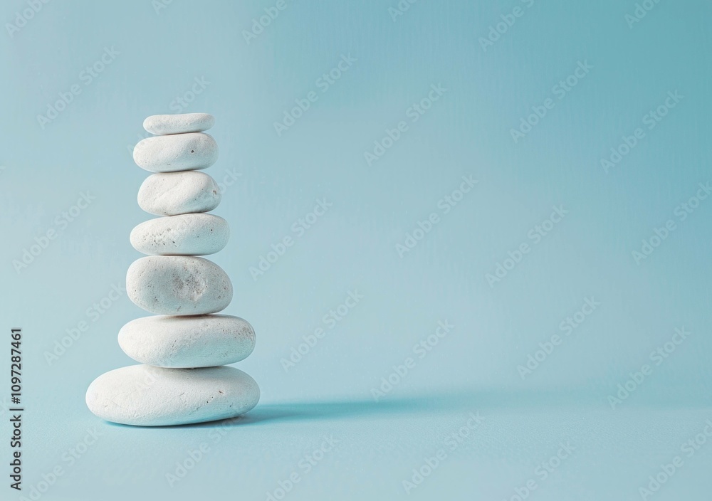 Serene stack of smooth white stones balanced on a soft blue background, symbolizing tranquility and harmony in nature. Minimalist and calming design concept. Serene stack of smooth white stones balanced on a soft blue background, symbolizing tranquility and harmony in nature. Minimalist and calming design concept.