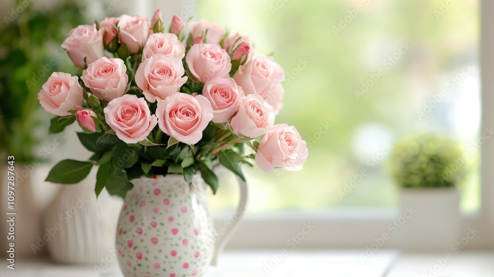 Elegant bouquet of pink roses in floral vase for serene home decor Elegant bouquet of pink roses in floral vase for serene home decor