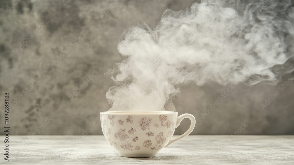 Steaming hot cup of tea with floral design Steaming hot cup of tea with floral design
