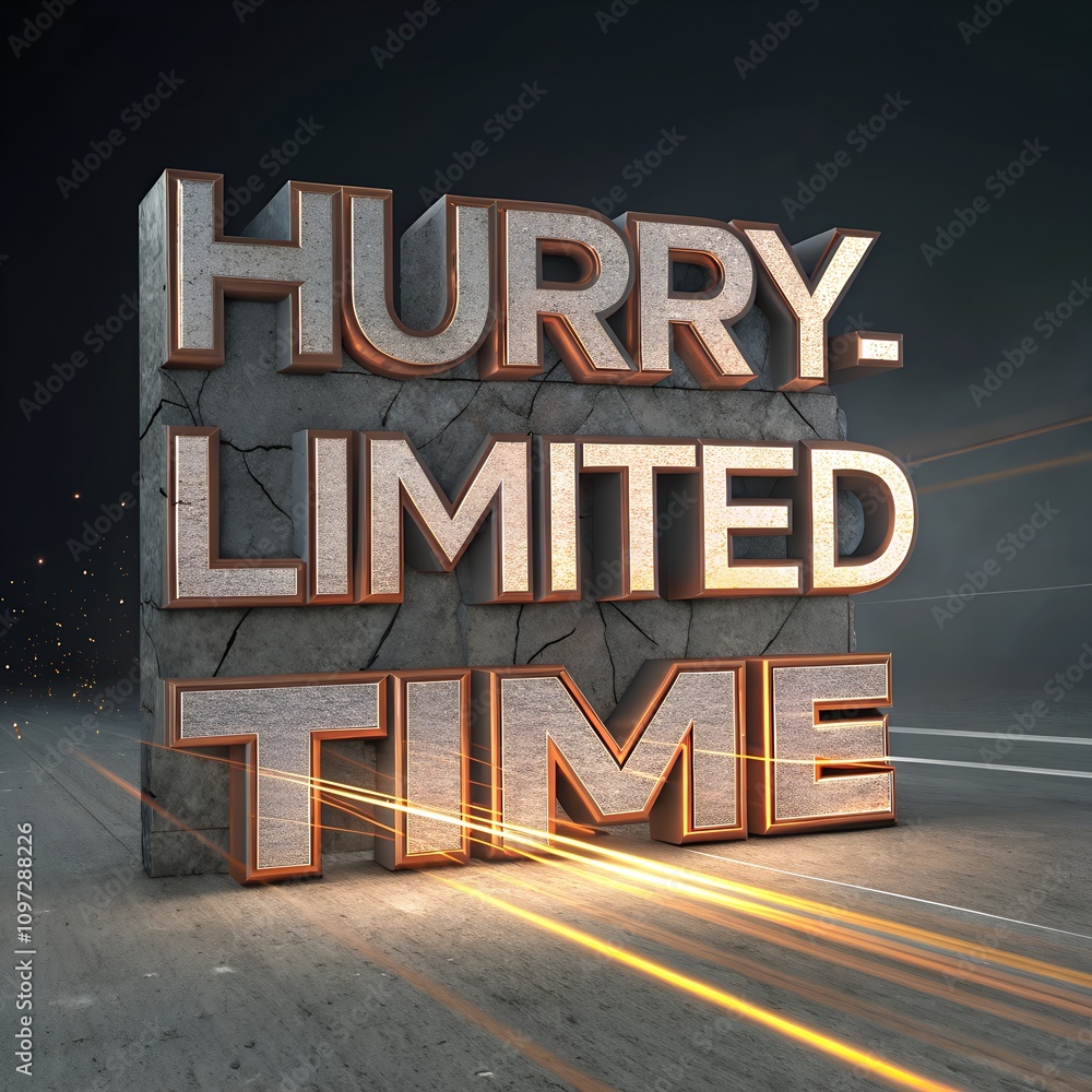 Fototapeta premium Bold 3D text urging immediate action with 'Hurry. Limited Time' offer under a dramatic spotlight, evoking urgency and excitement in a dark, dynamic setting.