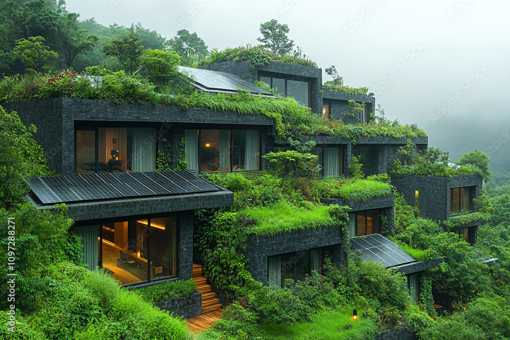 An eco-friendly city integrated into nature with vertical gardens and solar panel rooftop An eco-friendly city integrated into nature with vertical gardens and solar panel rooftop