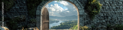 An arched doorway, framed by intricate stonework, leading to an uncertain but alluring landscape. photo