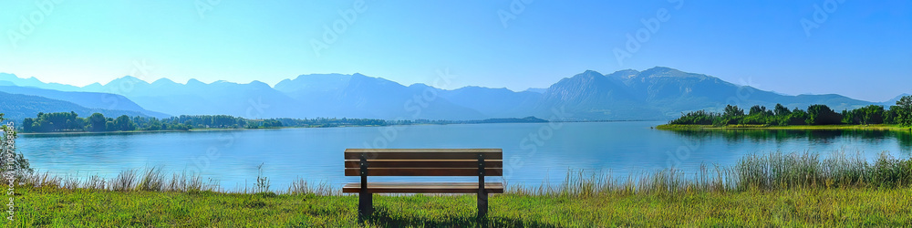 A serene panoramic vista of a peaceful lake and distant mountains, with a simple wooden bench as the focal point. A serene panoramic vista of a peaceful lake and distant mountains, with a simple wooden bench as the focal point.