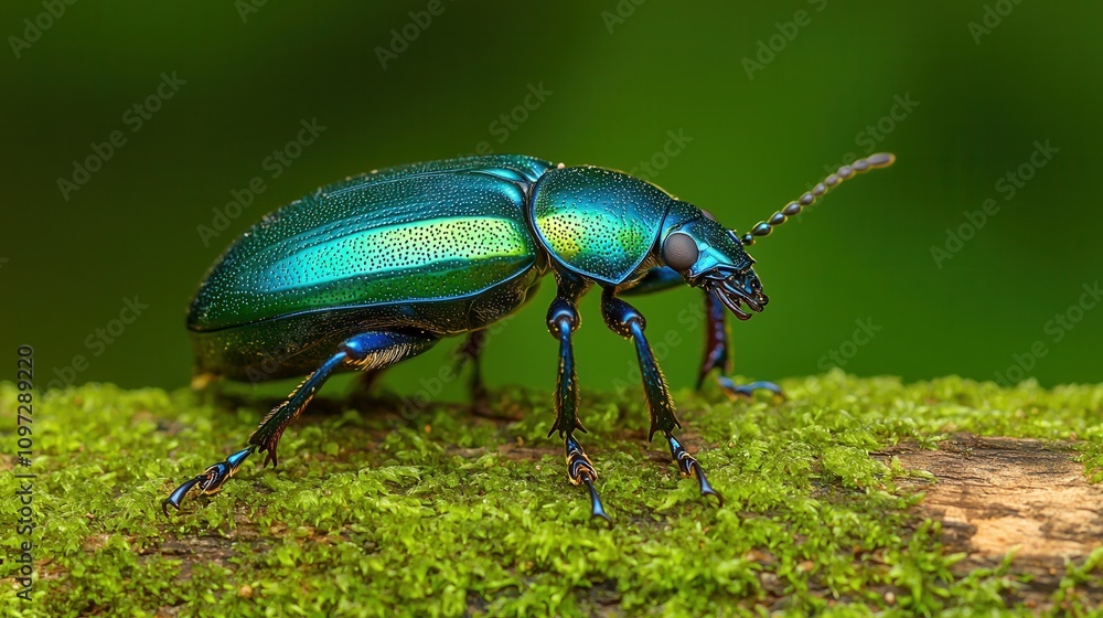 Naklejka premium Metallic green beetle on mossy log in lush natural setting