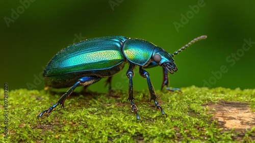 Metallic green beetle on mossy log in lush natural setting photo