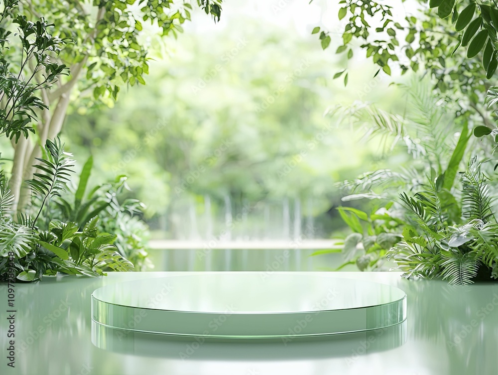 Elegant minimalist setup for money cash flow insights in soft green glass Podium, front view focus, with lush greenery and calming water feature Background. Elegant minimalist setup for money cash flow insights in soft green glass Podium, front view focus, with lush greenery and calming water feature Background.
