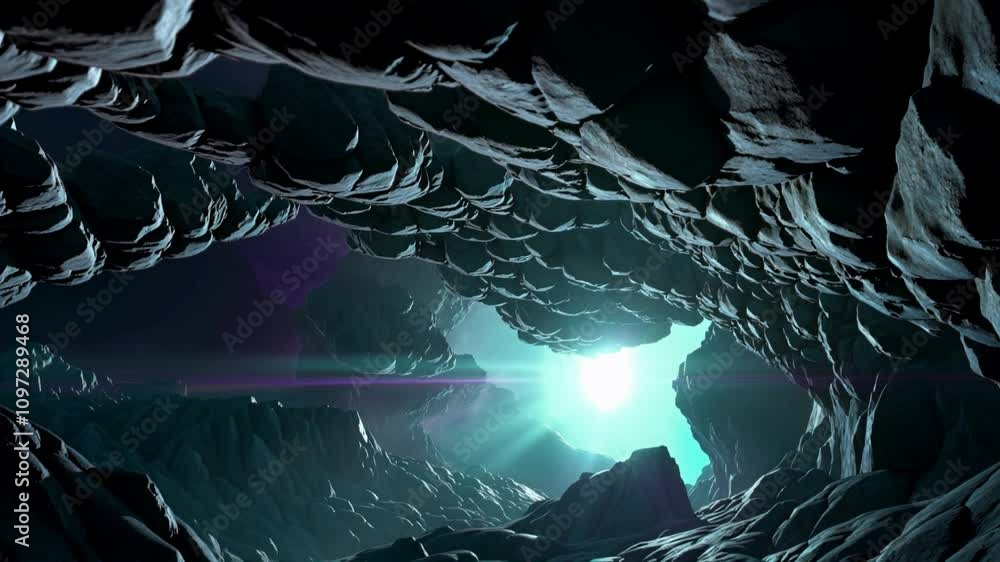 A glowing cave illuminated by teal and purple light with a mysterious atmosphere. A glowing cave illuminated by teal and purple light with a mysterious atmosphere.
