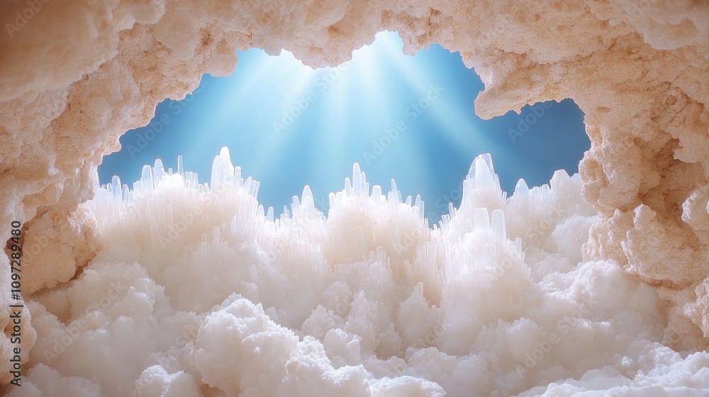 Majestic sunlit crystal cave with natural salt formations and blue sky Majestic sunlit crystal cave with natural salt formations and blue sky