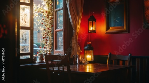 Cozy café interior with warm lighting and a window adorned with decorative elements.