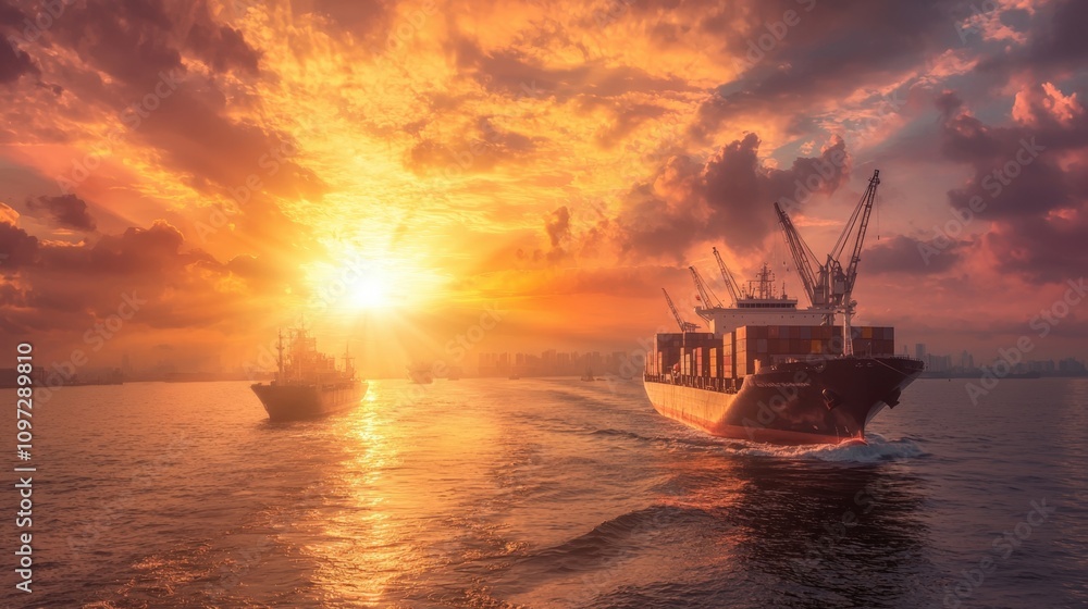 Obraz premium Majestic sunset over ocean with cargo ships and vibrant sky