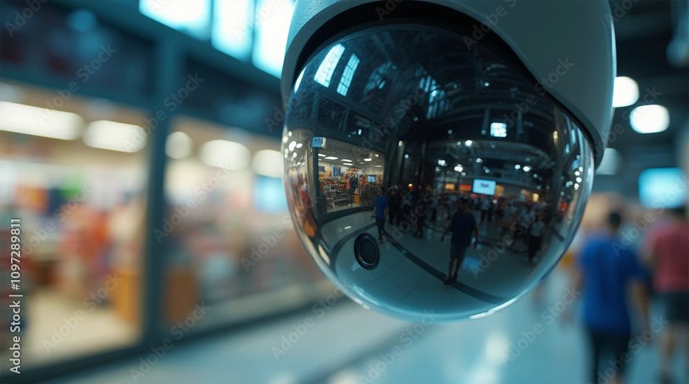 Fototapeta premium extreme Close-up of a security camera's lens reflecting a panorama of a supermarket. Generative AI illustration