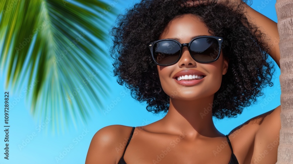 Radiant summer vibes: smiling woman in sunglasses under palm tree with blue sky Radiant summer vibes: smiling woman in sunglasses under palm tree with blue sky