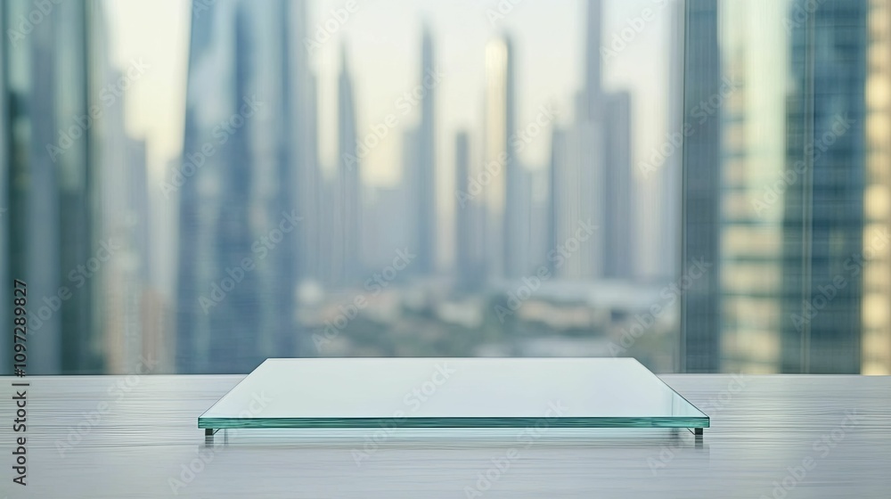 Glass podium, front view focus, with blurred city skyline behind, representing urban development and potential for investment in financial sectors. Glass podium, front view focus, with blurred city skyline behind, representing urban development and potential for investment in financial sectors.