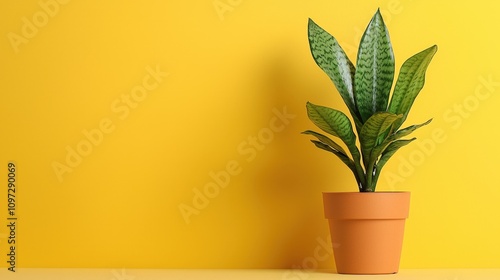 Vibrant snake plant in terracotta pot against yellow background