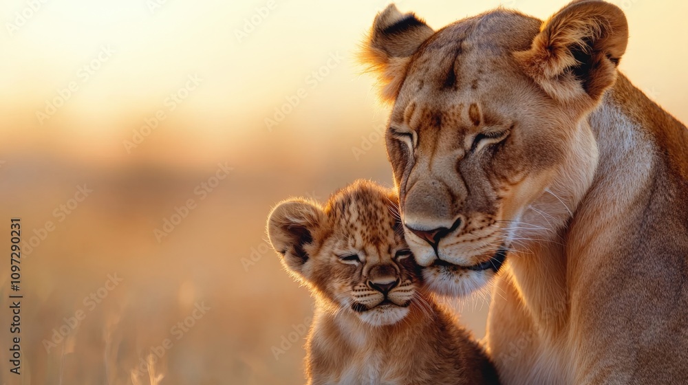 Obraz premium Tender moment between lioness and cub in golden african sunset