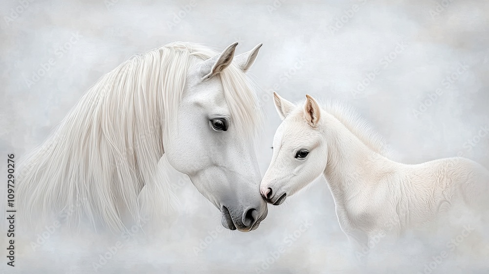 Fototapeta premium Majestic white horses: a tender moment between mare and foal in a misty landscape