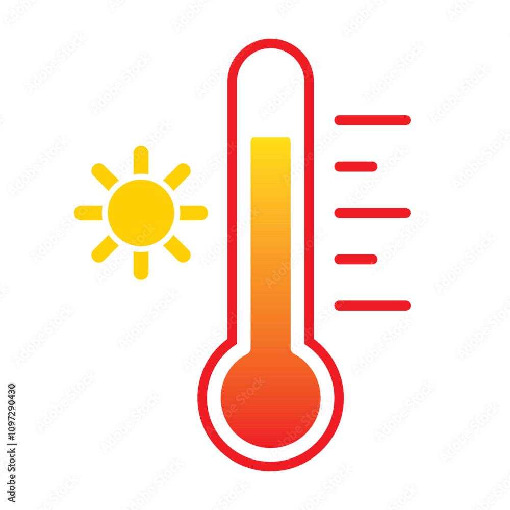 Thermometer reaching high temperatures. Temperature scale symbol, warm weather sign. Red thermometer with scale and sun icon flat style isolated on a white background vector illustration EPS 10. Thermometer reaching high temperatures. Temperature scale symbol, warm weather sign. Red thermometer with scale and sun icon flat style isolated on a white background vector illustration EPS 10.