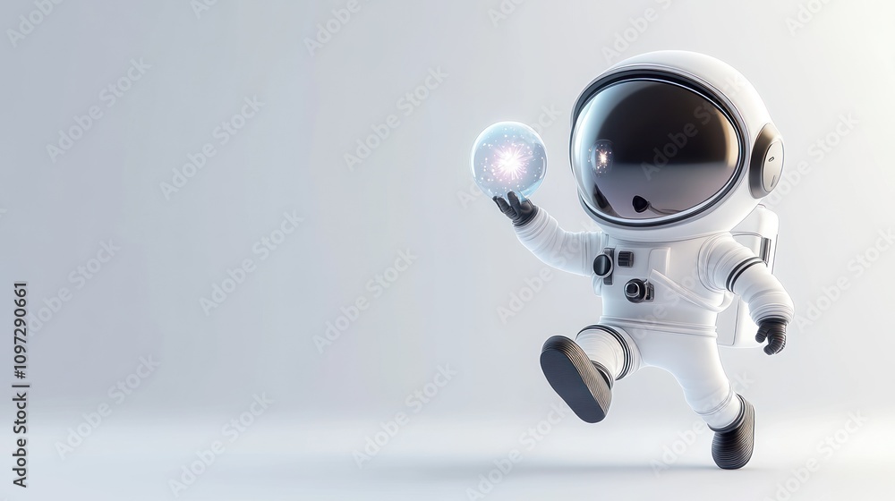 A playful astronaut holding a glowing orb, conveying a sense of wonder and exploration. A playful astronaut holding a glowing orb, conveying a sense of wonder and exploration.