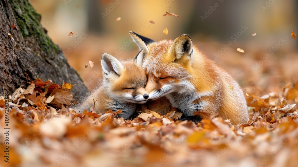 Obraz premium Cozy autumn bond: foxes nestle amidst falling leaves in forest scene