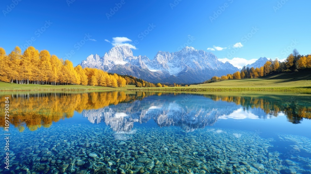 Fototapeta premium A crystal clear mountain lake reflects the surrounding peaks and forests, its surface undisturbed by the wind, a picture of serenity.