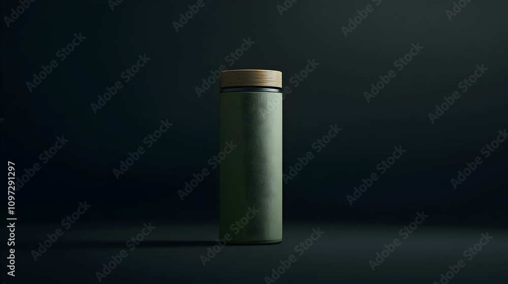 Green glass bottle with wooden lid on dark background. Green glass bottle with wooden lid on dark background.