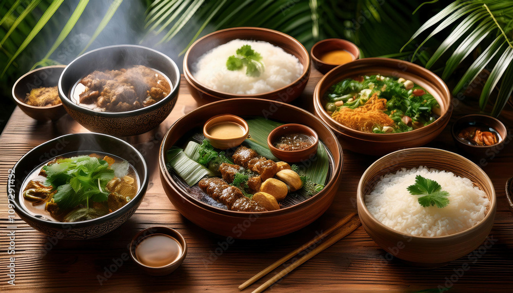 An elegant spread of Asian cuisine served in traditional clay bowls on a dark wooden table with palm fronds visible in the background. An elegant spread of Asian cuisine served in traditional clay bowls on a dark wooden table with palm fronds visible in the background.