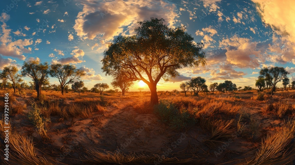 Obraz premium Sunset landscape photography of trees in a nature reserve captured with a fisheye lens for travel enthusiasts