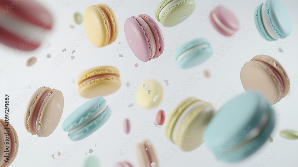 Colorful Macarons Floating in Air with Confetti Against a Soft Background for Celebratory Themes and Sweet Treat Inspirations Colorful Macarons Floating in Air with Confetti Against a Soft Background for Celebratory Themes and Sweet Treat Inspirations