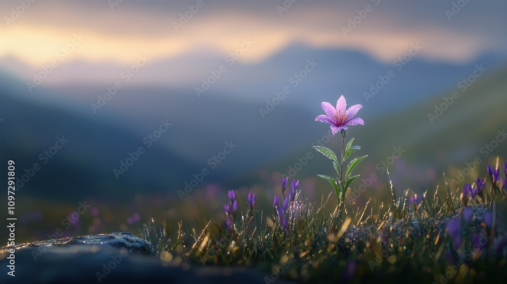 Obraz premium Nature travel adventure closeup of vibrant flower landscape at sunrise macro photography serene mountain environment