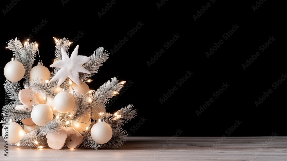 Obraz premium Elegant holiday decor: white ornaments and fir branches with soft lights