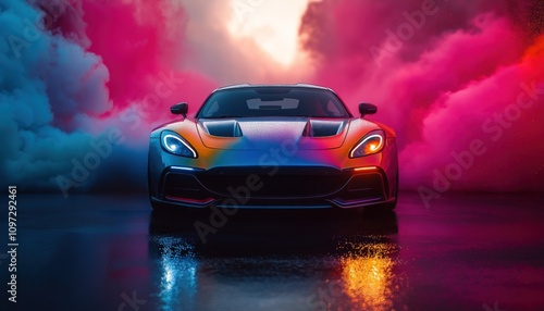 Vibrant Sports Car in Colorful Smoke Environment