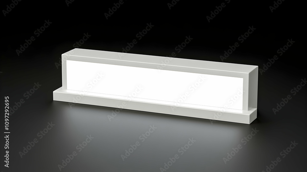 Illuminated rectangular display shelf, white, modern, minimalist design, dark background. Illuminated rectangular display shelf, white, modern, minimalist design, dark background.