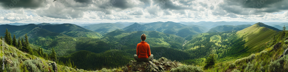 A lone hiker gazing out at the endless, verdant landscape of Oregon's mountains. A lone hiker gazing out at the endless, verdant landscape of Oregon's mountains.