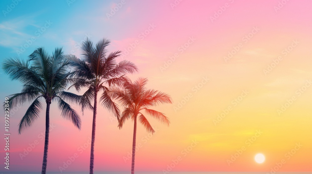 Silhouetted palm trees swaying gently against a backdrop of a vibrant sunset, the sky ablaze with hues of orange, red, and purple as the sun dips below the horizon. Silhouetted palm trees swaying gently against a backdrop of a vibrant sunset, the sky ablaze with hues of orange, red, and purple as the sun dips below the horizon.