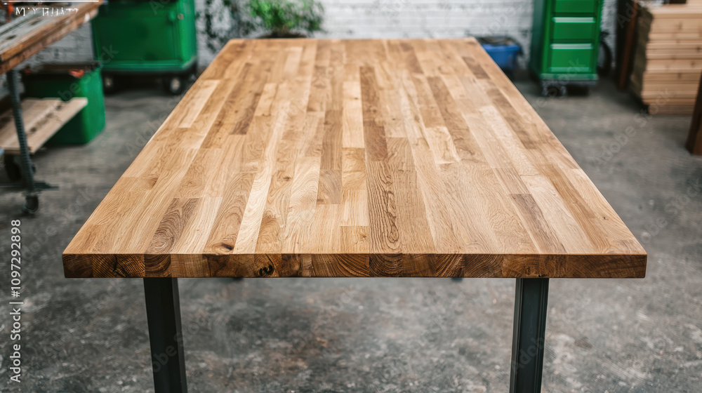 Fototapeta premium Equipment workshop background concept. A polished wooden table with a smooth surface, set in a workshop environment, showcasing craftsmanship and a blend of natural materials.
