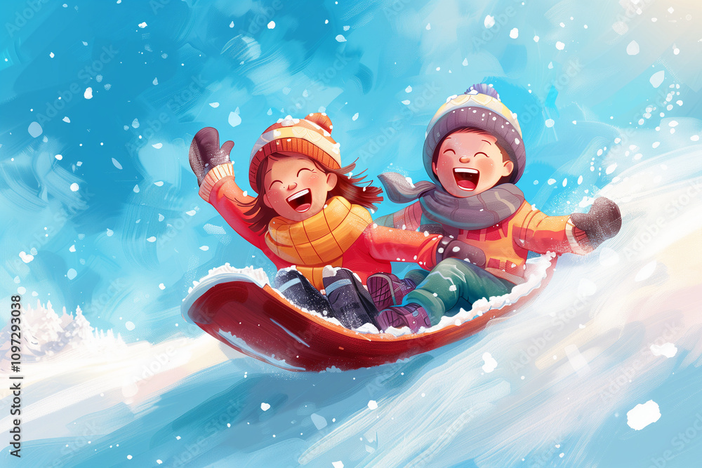 Drawing of Children Playing with a Sled in the Snow at Christmas in a Cheerful Cartoon Winter Scene for Kids Drawing of Children Playing with a Sled in the Snow at Christmas in a Cheerful Cartoon Winter Scene for Kids