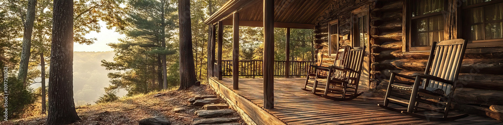 A rustic cabin nestled amongst the trees, with a wooden porch and rocking chairs, offering a peaceful retreat to travelers. A rustic cabin nestled amongst the trees, with a wooden porch and rocking chairs, offering a peaceful retreat to travelers.