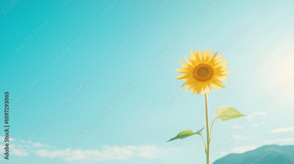 Fototapeta premium A single sunflower in full bloom, its yellow petals glowing in the warm sunlight against a clear blue sky.